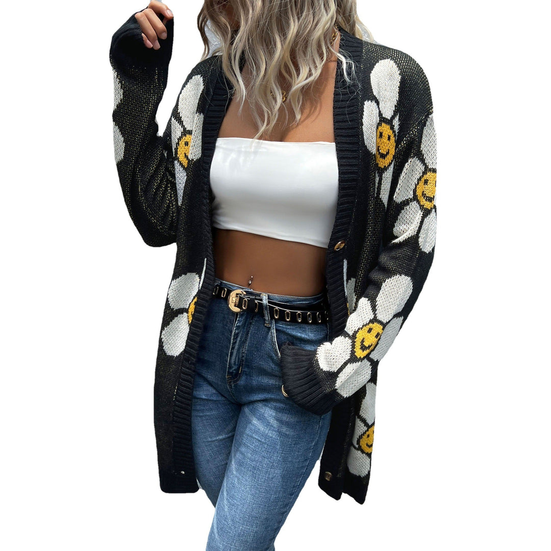 Damen Langer Blumenjacquard-Strickcardigan mit Oversize-Ärmeln und Rippbund Nord Taschen
