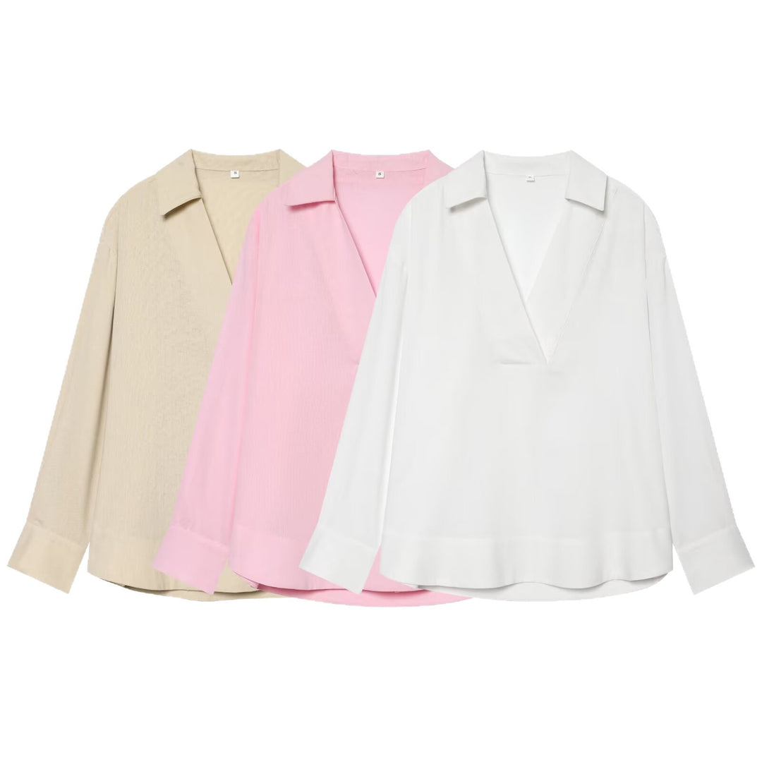 Damen Oversize Tunika‑Bluse mit tiefem V‑Ausschnitt und Hemdkragen Nord Taschen