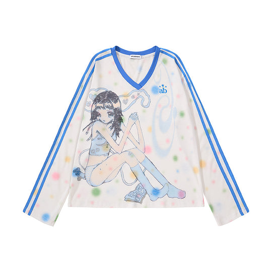 Damen Cropped Mesh-Longsleeve mit V-Ausschnitt, Anime-Print und Kontraststreifen Nord Taschen
