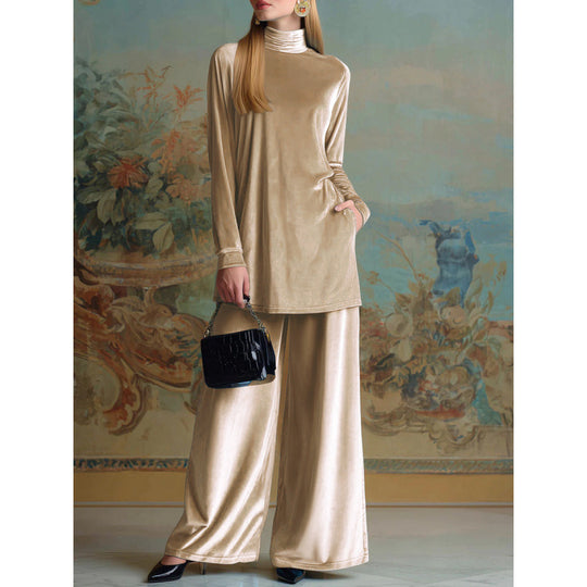 Damen Oversize-Samt-Set mit Rollkragen und weitem Palazzohose Nord Taschen