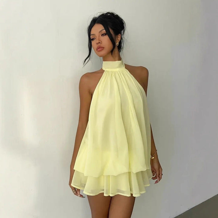 Damen lässiges Trägerkleid mit hochgeschlossenem Design und gerafftem Saum