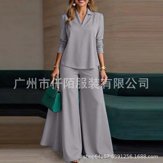 Damen Elegantes Zweiteiliges Palazzo-Set mit Hemdkragen-Top und weitem Bein Nord Taschen