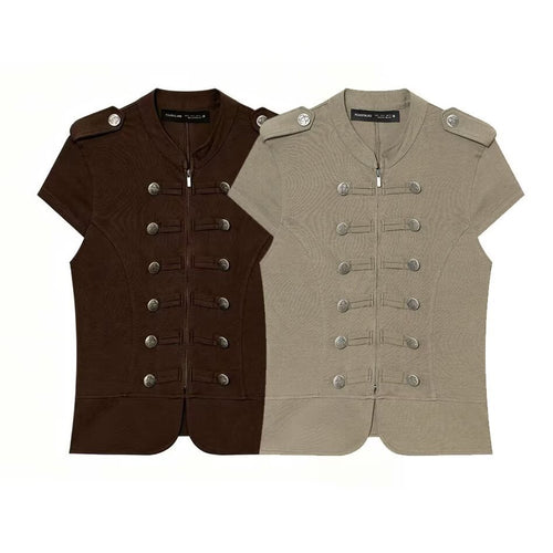 Damen Kurzärmelige militärisch-inspirierte Weste mit Zierriegeln und Metallknöpfen Nord Taschen