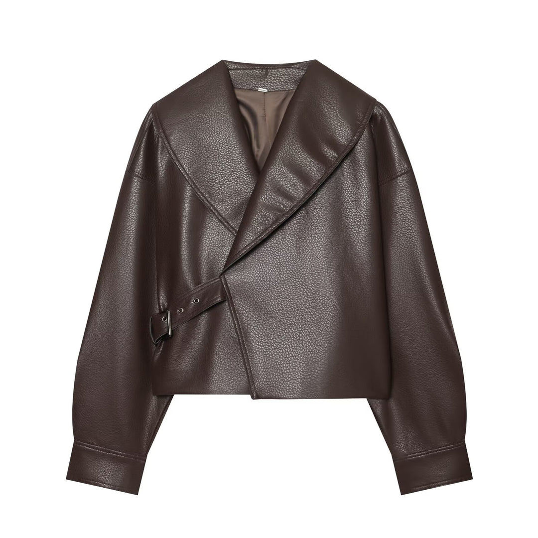 Damen Cropped Lederoptik-Blouson mit übergroßem Schalkragen und asymmetrischem Taillengürtel Nord Taschen