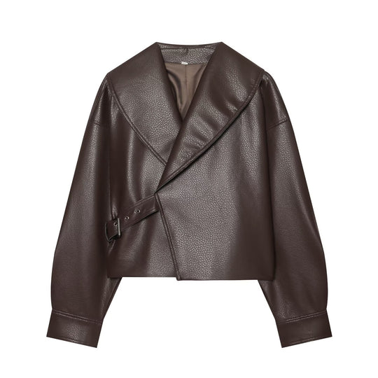 Damen Cropped Lederoptik-Blouson mit übergroßem Schalkragen und asymmetrischem Taillengürtel Nord Taschen