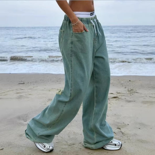 Damen Weite Vintage-Denim-Hose mit elastischem Tunnelzugbund und bodenlangem Baggy-Schnitt Nord Taschen