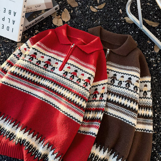Damen Jacquard-Halbzip-Pullover mit Polokragen und Norweger‑Intarsie Nord Taschen