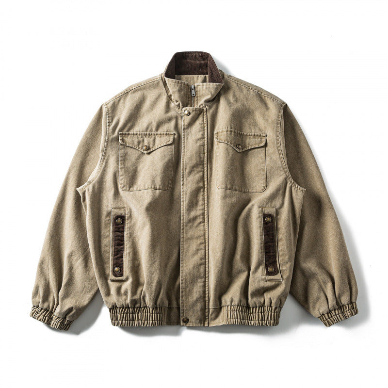 Herren Kastenförmige Canvas-Blousonjacke mit Cordbesatz, Stehkragen und elastischem Saum Nord Taschen