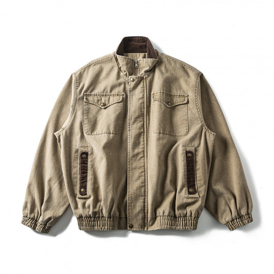 Herren Kastenförmige Canvas-Blousonjacke mit Cordbesatz, Stehkragen und elastischem Saum Nord Taschen