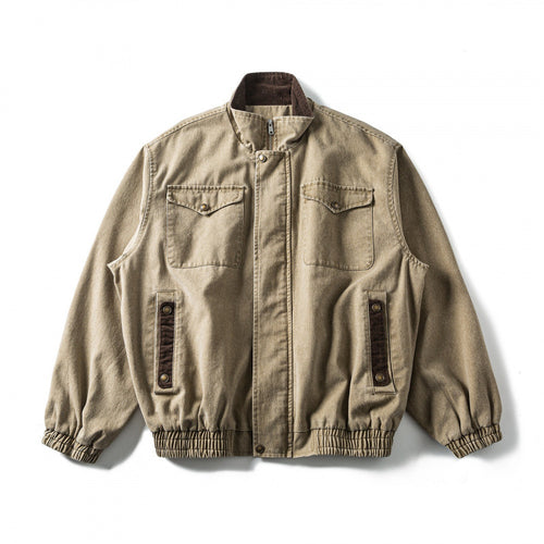Herren Kastenförmige Canvas-Blousonjacke mit Cordbesatz, Stehkragen und elastischem Saum Nord Taschen