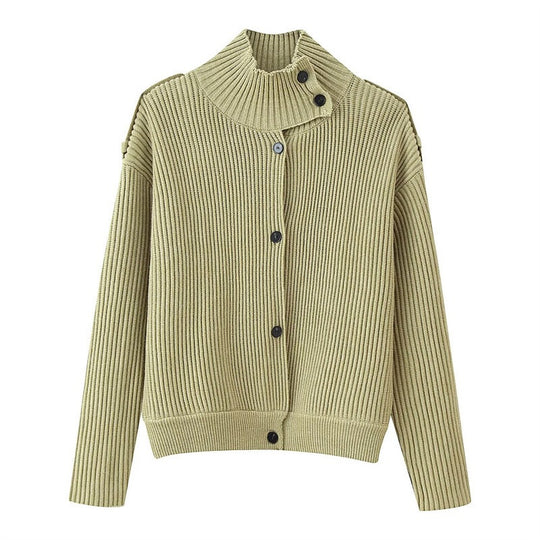 Damen Gerippter Strickcardigan mit Stehkragen und Schulterknopf-Detail Nord Taschen