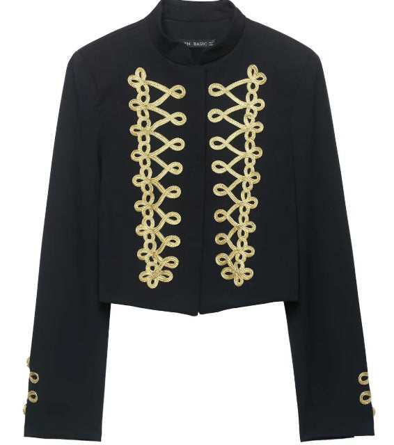 Damen Taillierter Cropped Militärblazer mit Stehkragen und goldverzierten Epauletten Nord Taschen