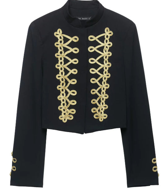 Damen Taillierter Cropped Militärblazer mit Stehkragen und goldverzierten Epauletten Nord Taschen