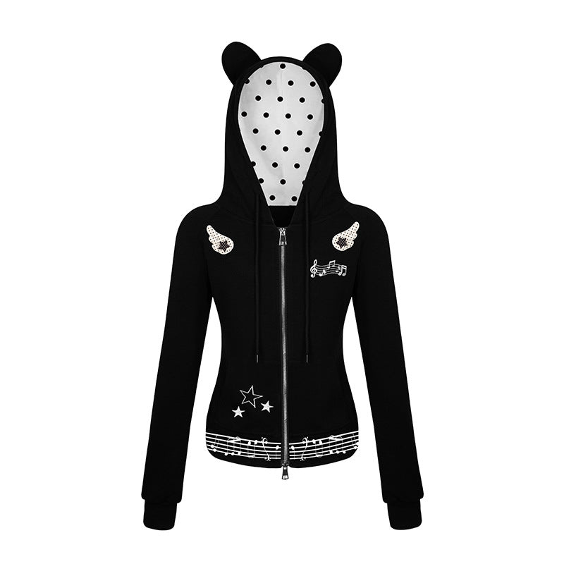 Damen Kapuzen-Sweatjacke mit Bärenohren, Reißverschluss, musikalischem Print und Polka-Lining Nord Taschen