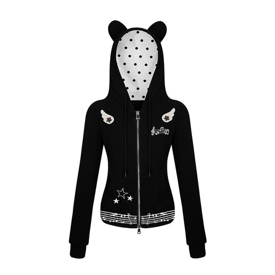Damen Kapuzen-Sweatjacke mit Bärenohren, Reißverschluss, musikalischem Print und Polka-Lining Nord Taschen