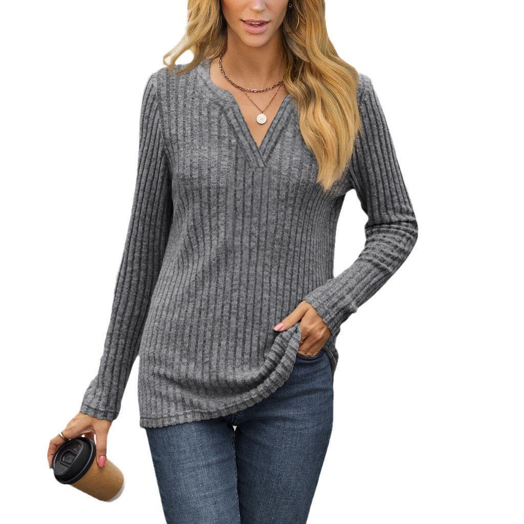 Damen Feines Ripp-Strickshirt mit tiefem V‑Ausschnitt und Tunika‑Länge Nord Taschen