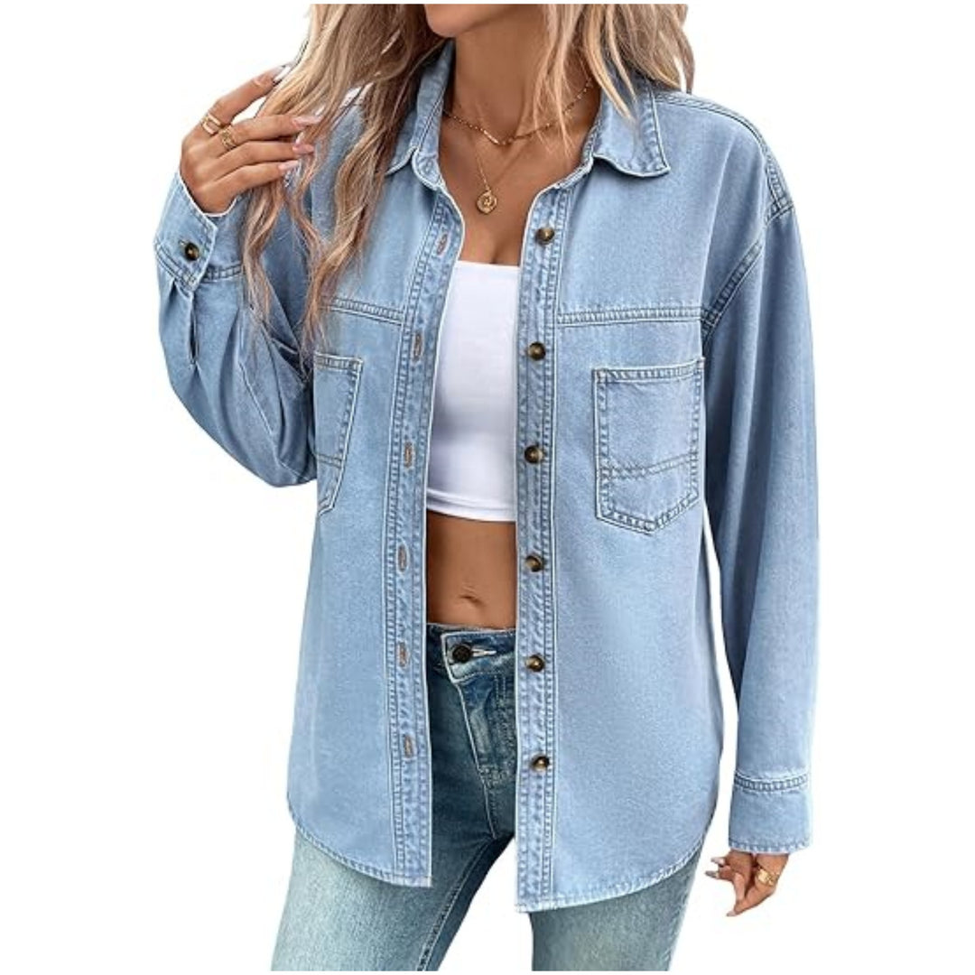 Damen Oversize Jeanshemdjacke im Washed-Look mit Brusttaschen und durchgehender Knopfleiste Nord Taschen