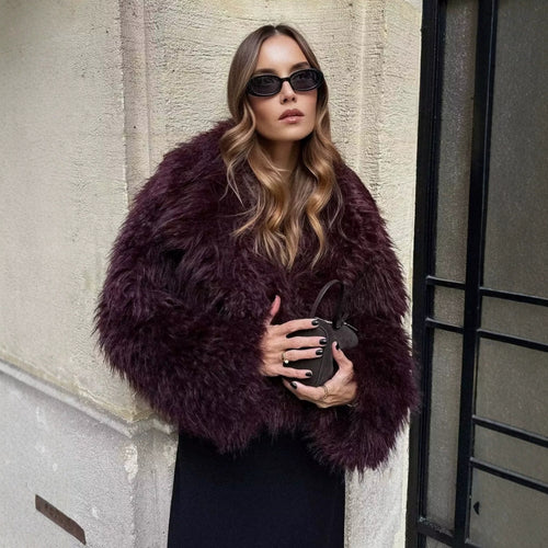Damen Kurze Boxy-Plüschjacke im Shaggy-Look mit fallendem Revers Nord Taschen