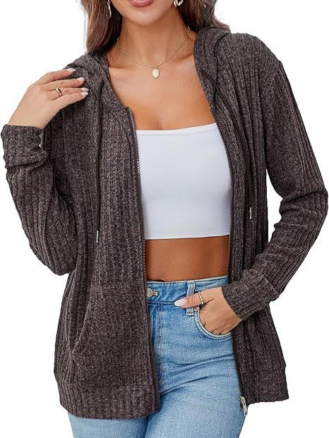 Damen Strick-Kapuzenjacke mit Reißverschluss, Strukturstrick und Kängurutaschen Nord Taschen