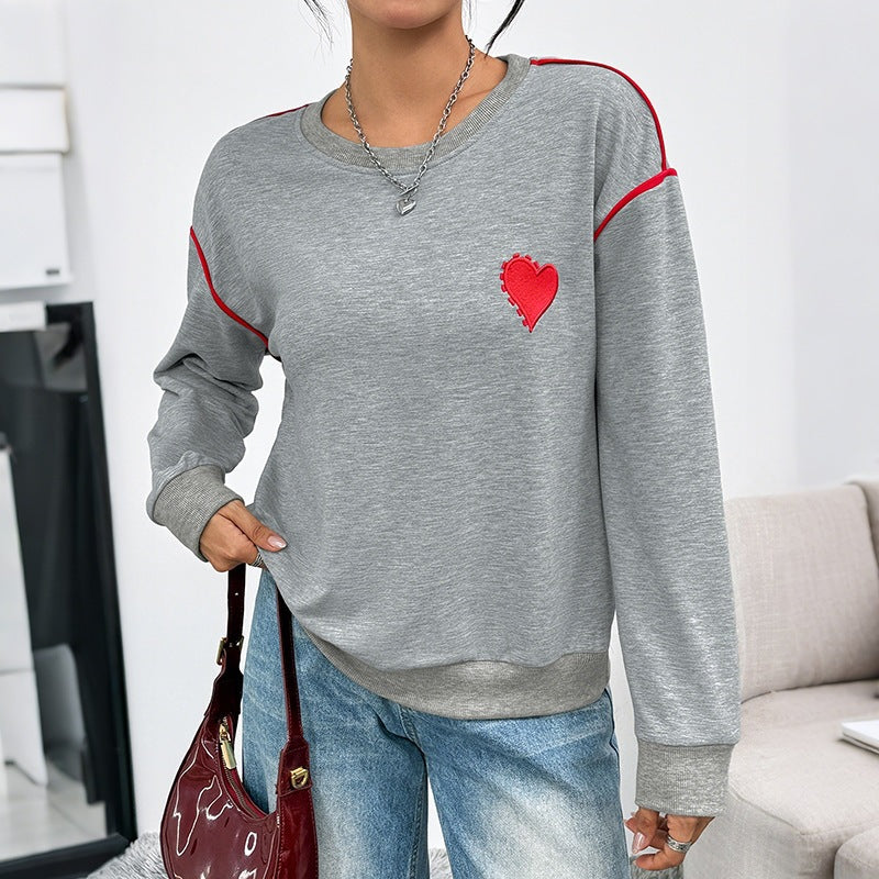 Damen Oversize-Sweatshirt mit Stickherz, Kontrastpaspeln und geripptem Saum Nord Taschen