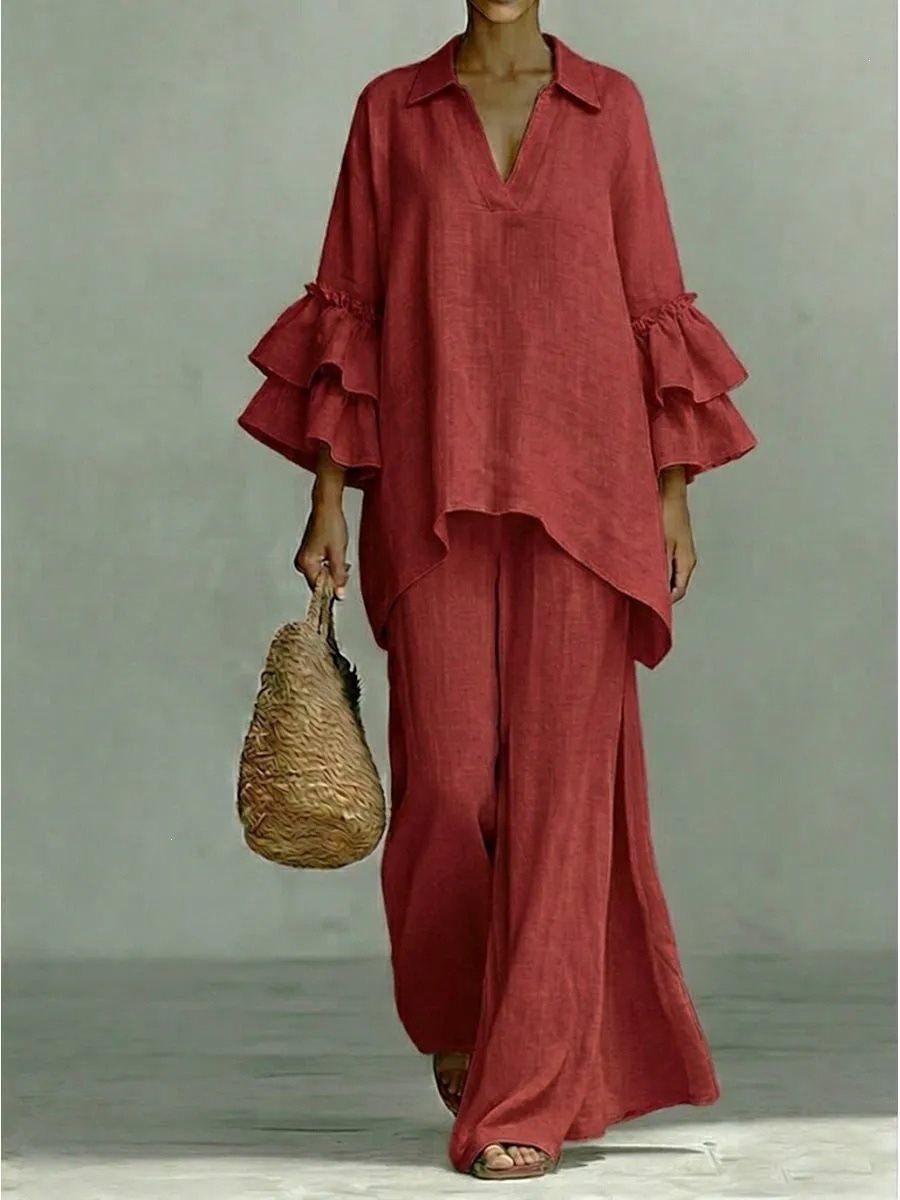 Damen Leinen-Loungewear-Set mit Volantärmeln und weitem Palazzo-Hose Nord Taschen