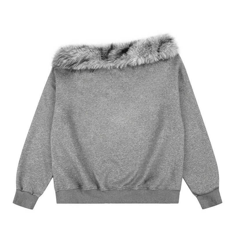 Damen Off-Shoulder Oversize-Sweatshirt mit kuscheligem Faux-Fur-Kragen und distressed Stern-Print Nord Taschen