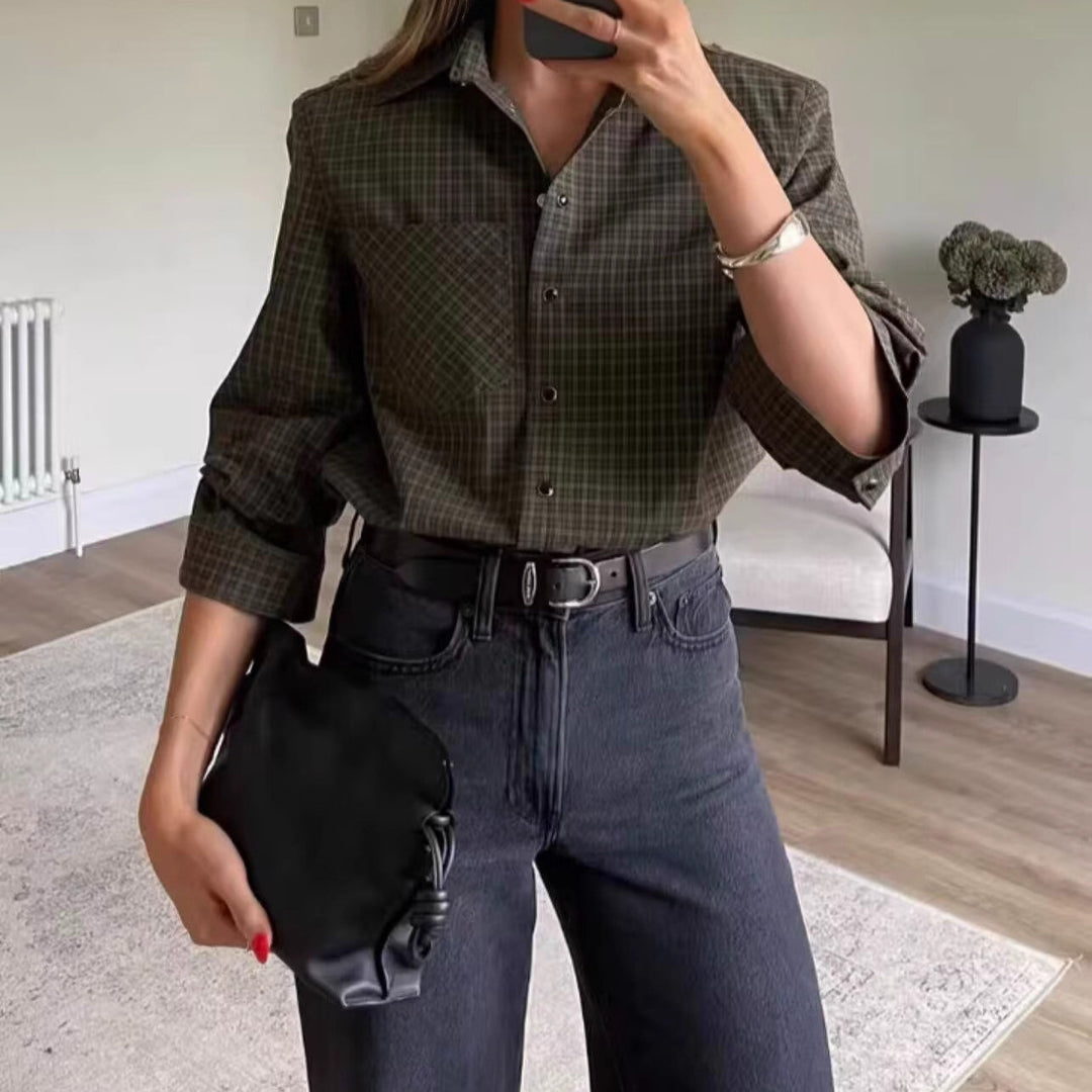 Damen Oversize-Karo-Hemd mit Brusttasche und abgerundetem Saum Nord Taschen