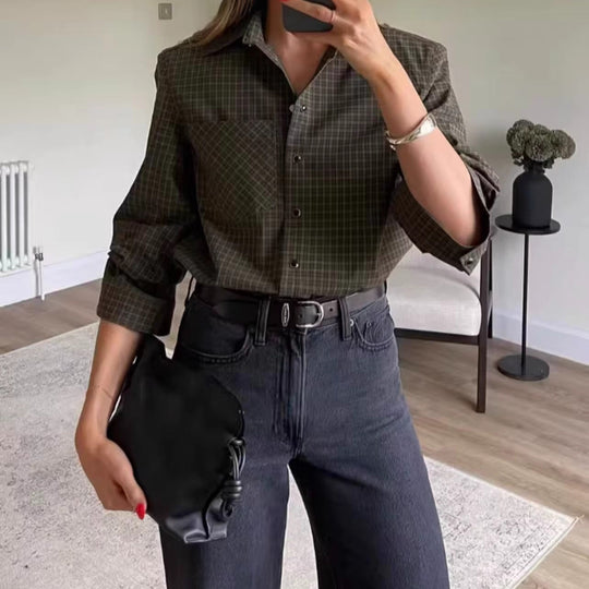 Damen Oversize-Karo-Hemd mit Brusttasche und abgerundetem Saum Nord Taschen