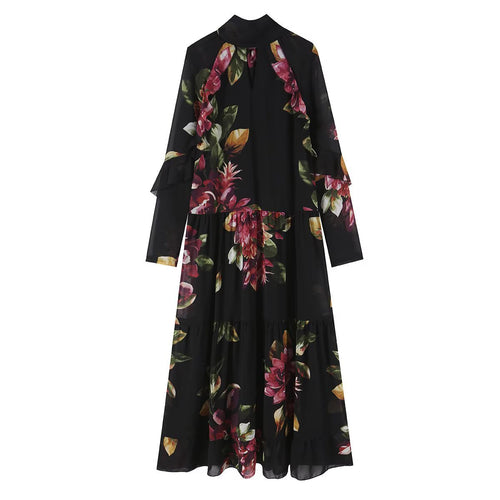 Damen Maxikleid mit Blumenprint, Stufenrock und Volantärmeln Nord Taschen