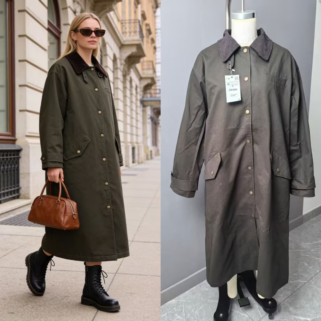 Damen langer wasserdichter Parka-Mantel mit Cordkragen und Druckknopfleiste Nord Taschen