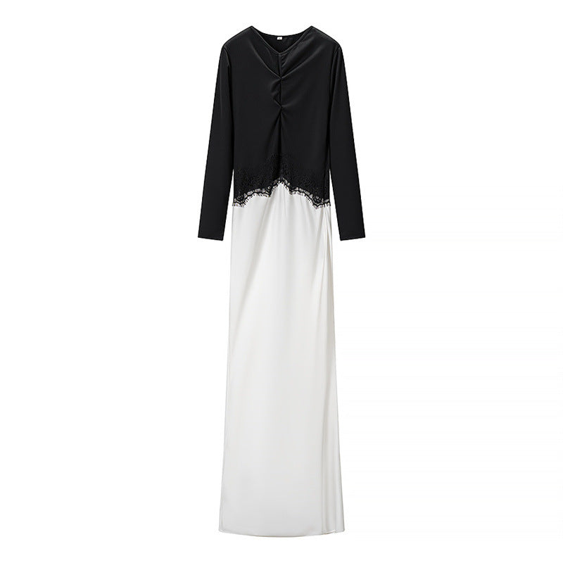Damen Zweiton-Maxikleid mit geraffter V‑Passe, Spitzenbesatz und langen Ärmeln Nord Taschen