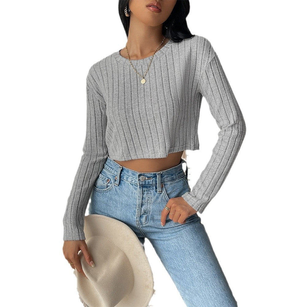 Damen kurzes geripptes Cropped-Strickoberteil mit Rundhalsausschnitt und tailliertem Schnitt Nord Taschen