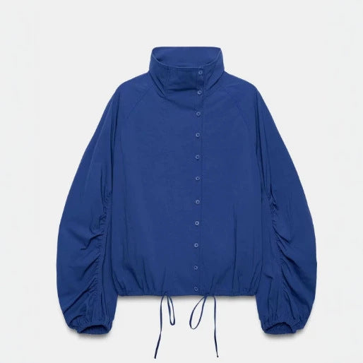 Damen Kurz geschnittene Wollmix-Jacke mit Stehkragen, Reißverschluss und Ballonärmeln Nord Taschen