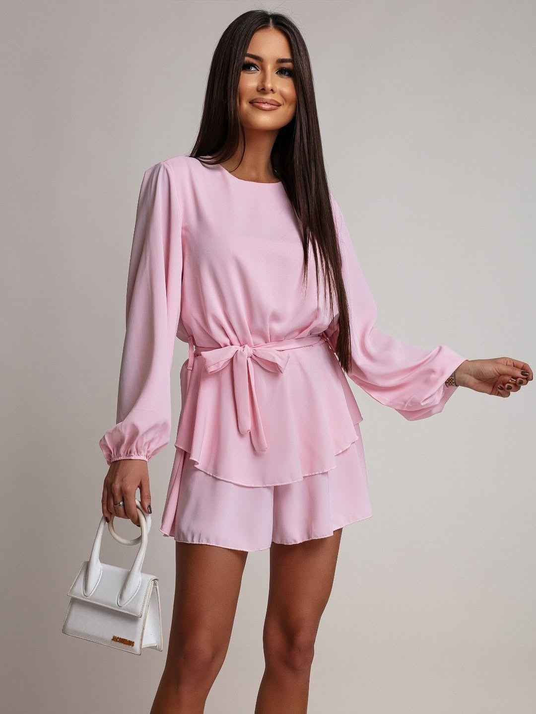 Damen Kurzkleid mit Volantrock, Taillenbindegürtel und Ballonärmeln Nord Taschen