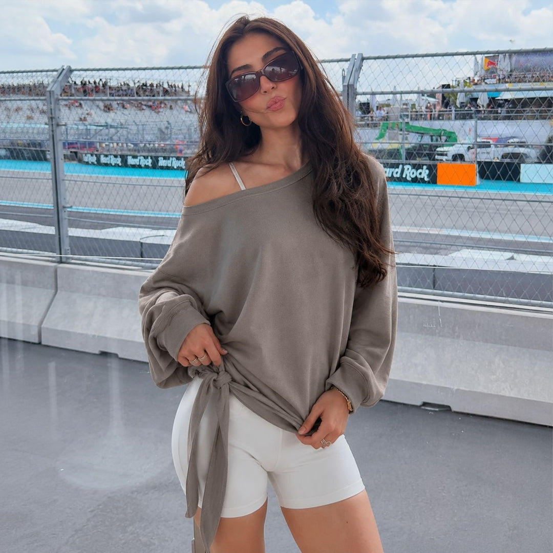Damen schulterfreies Sweatshirt mit Knotengürtel und Oversize-Schnitt Nord Taschen