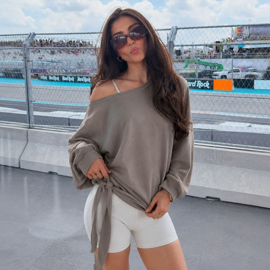 Damen schulterfreies Sweatshirt mit Knotengürtel und Oversize-Schnitt Nord Taschen