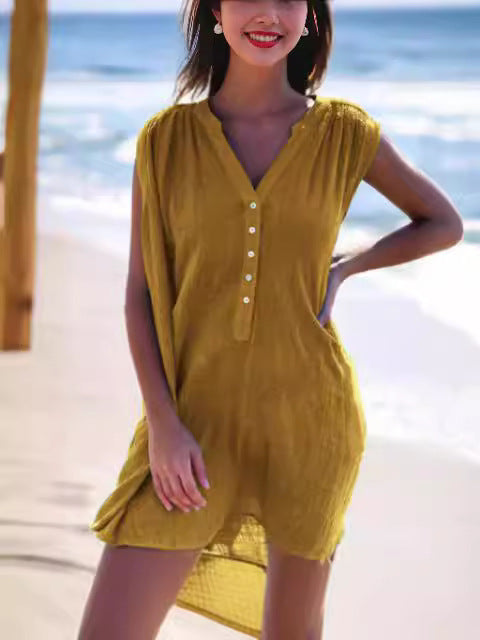 Damen Sommerliches Strandkleid mit kurzer Knopfleiste und V-Ausschnitt