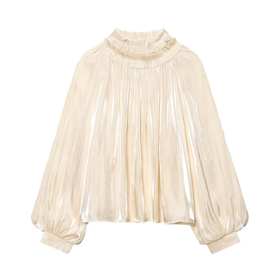 Damen 20+ plissierte Highneck-Bluse mit Rüschenkragen und Ballonärmeln Nord Taschen