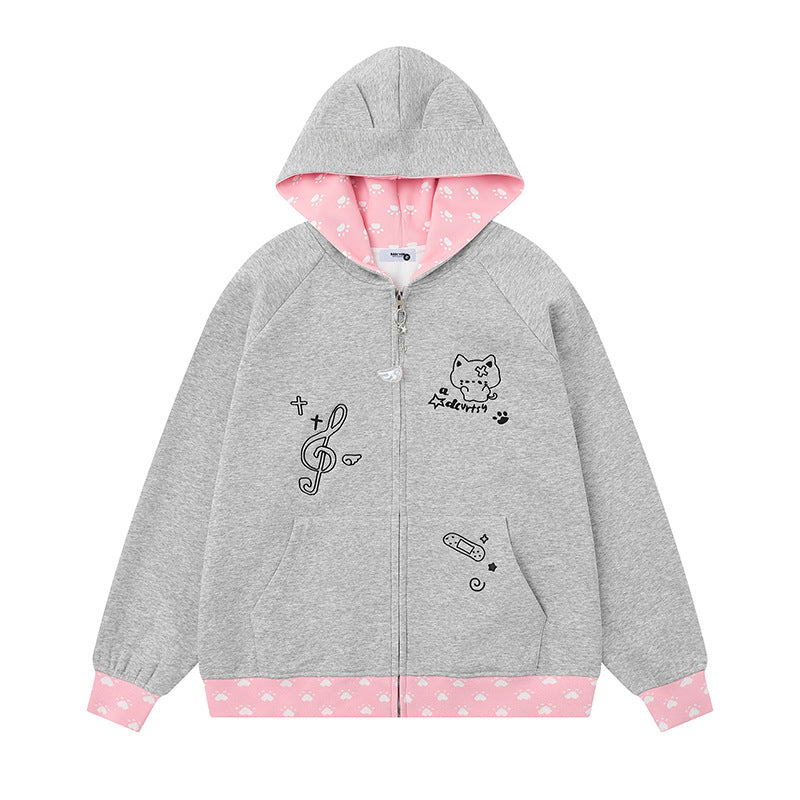 Damen Kapuzenjacke mit Reißverschluss im Casual‑Kawaii‑Stil, Kontrastkapuze, Comic‑Prints und Rippbündchen Nord Taschen