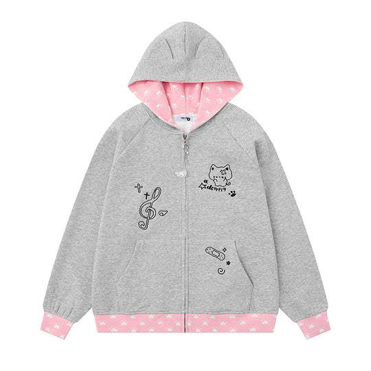 Damen Kapuzenjacke mit Reißverschluss im Casual‑Kawaii‑Stil, Kontrastkapuze, Comic‑Prints und Rippbündchen Nord Taschen