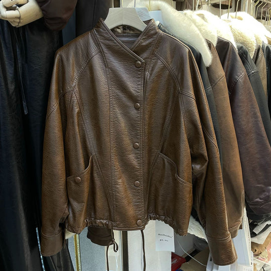 Damen Kurze Lederjacke mit strukturierter Narbung, Stehkragen und Tunnelzugbund Nord Taschen