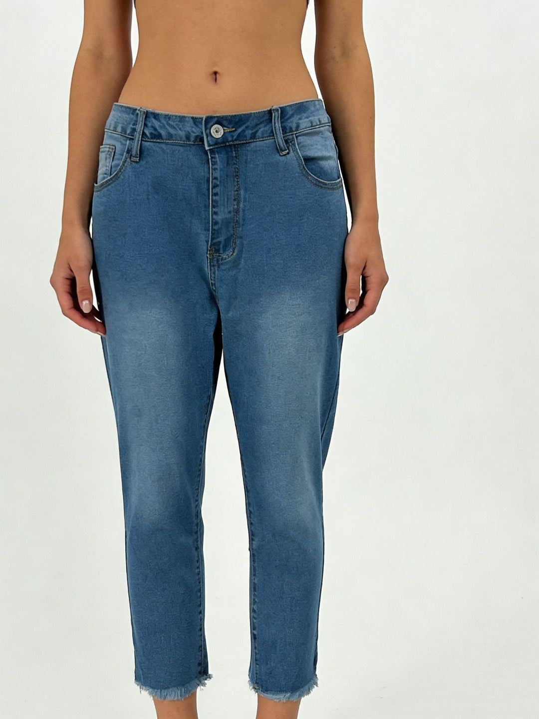 Damen schmale knöchellange Jeans mit rohem Fransenabschluss und mittelhoher Taille Nord Taschen