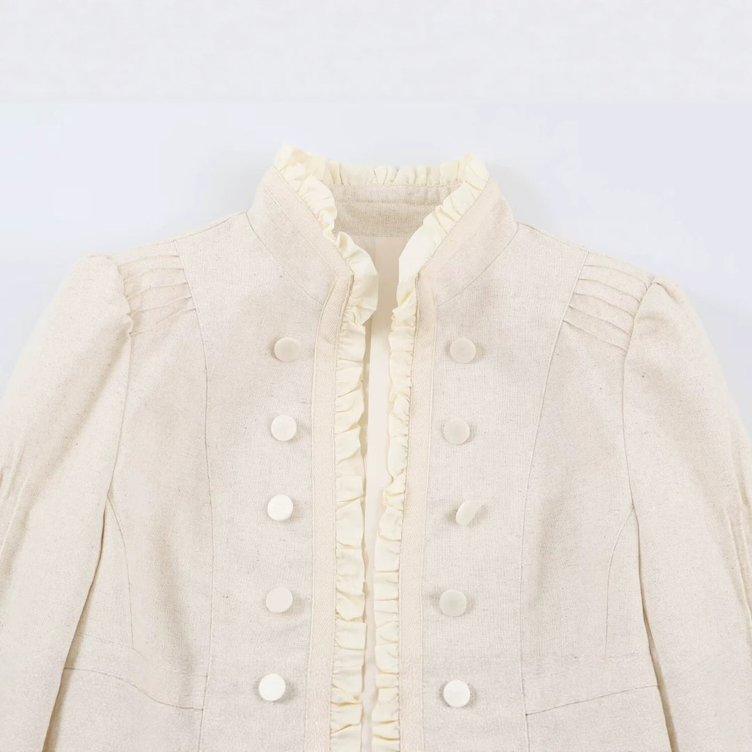Damen Kurze Leinenoptik‑Jacke mit Rüschenstehkragen und dekorativer Doppelknopfleiste Nord Taschen