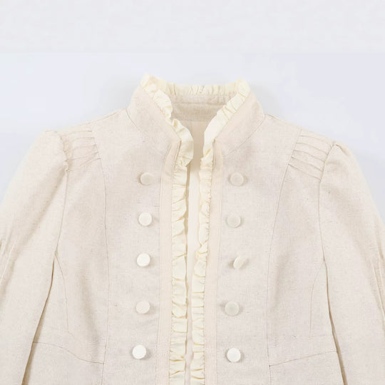 Damen Kurze Leinenoptik‑Jacke mit Rüschenstehkragen und dekorativer Doppelknopfleiste Nord Taschen