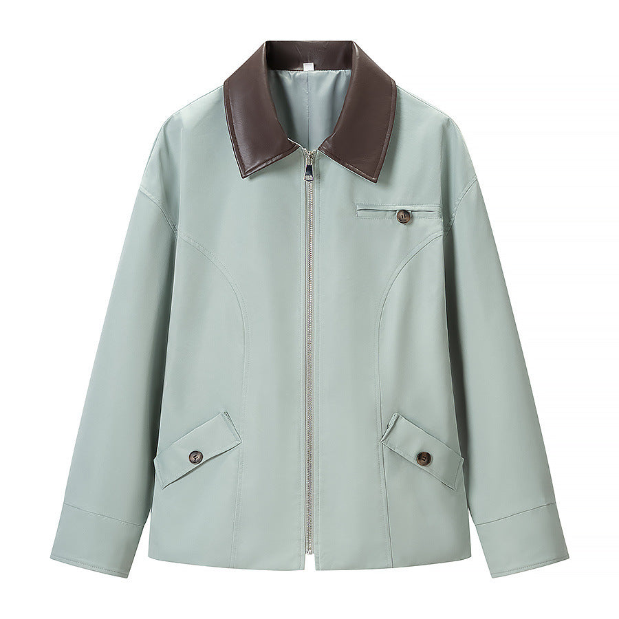 Damen Kurze Lederoptik-Blousonjacke mit Kontrastkragen und Reißverschluss Nord Taschen