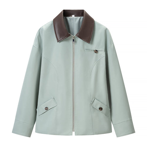 Damen Kurze Lederoptik-Blousonjacke mit Kontrastkragen und Reißverschluss Nord Taschen