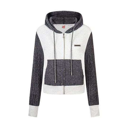 Damen Kurz geschnittene Kapuzen-Jacke mit Strukturstrick-Paneelen, Kordelzug und Metall-Reißverschluss Nord Taschen