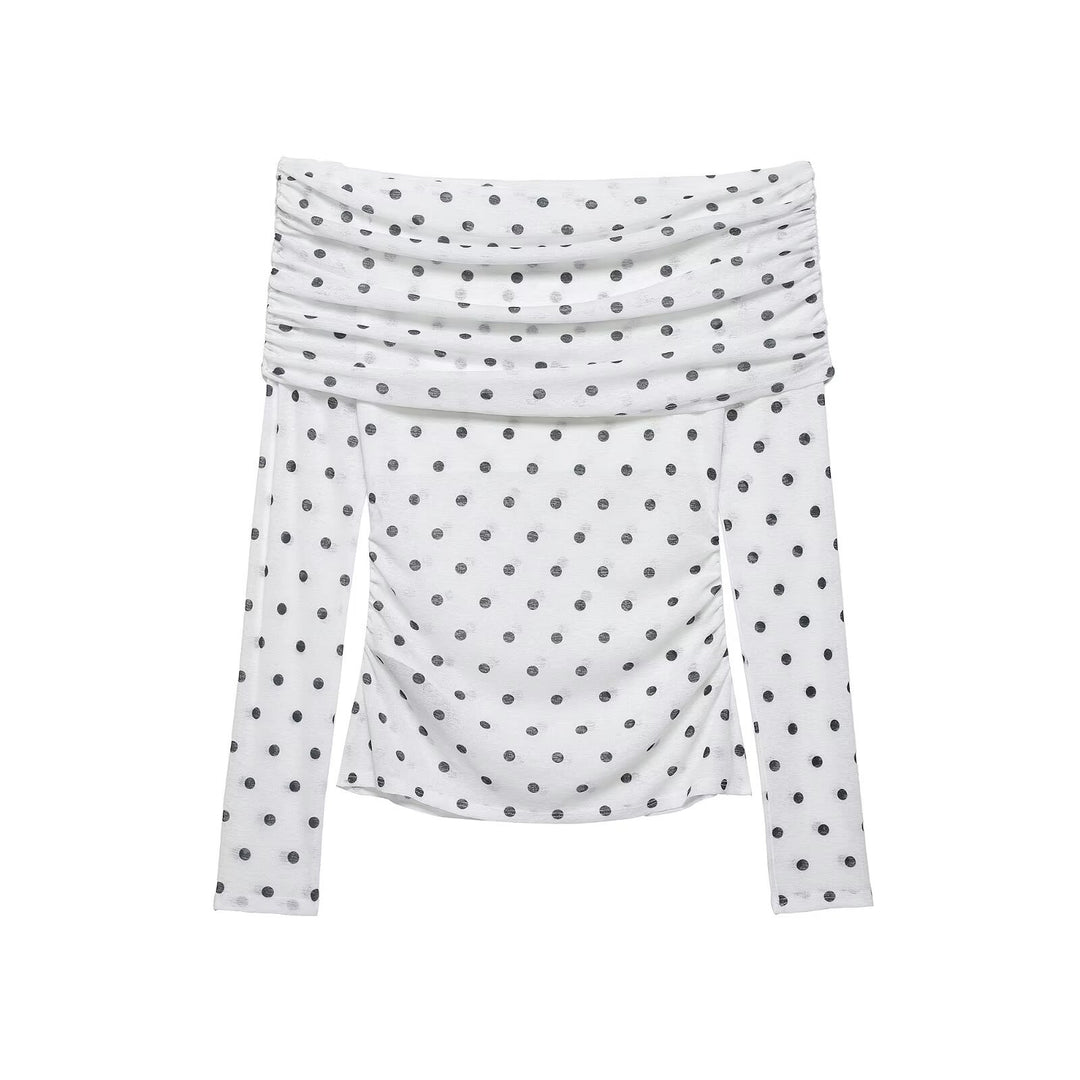 Damen Schulterfreies Langarm-Top mit Wasserfallkragen und Polka-Dot-Print Nord Taschen