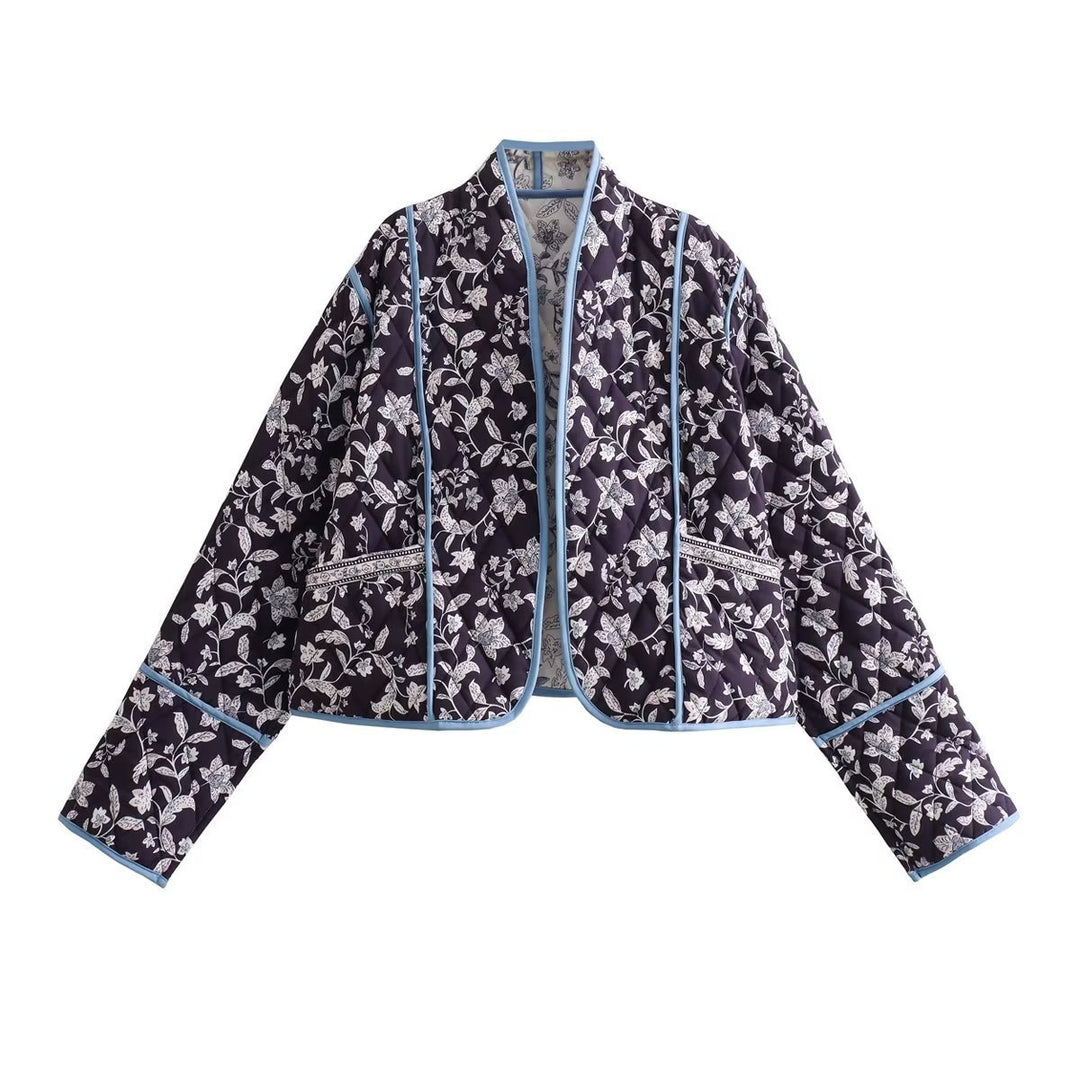 Damen Gestepptes Cropped-Steppjacke mit floralem Allovermuster und kontrastierender Paspelierung Nord Taschen