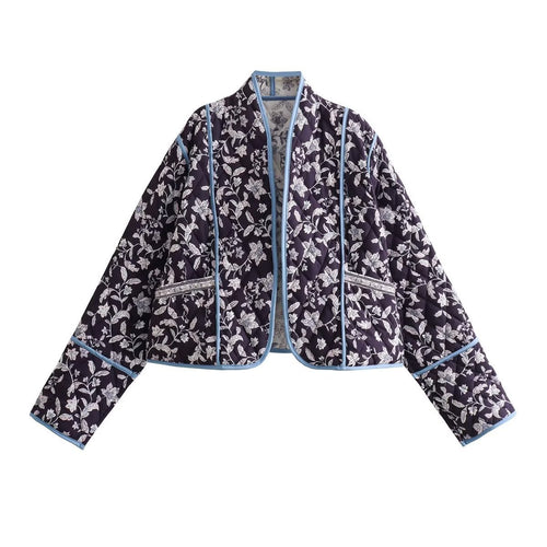 Damen Gestepptes Cropped-Steppjacke mit floralem Allovermuster und kontrastierender Paspelierung Nord Taschen